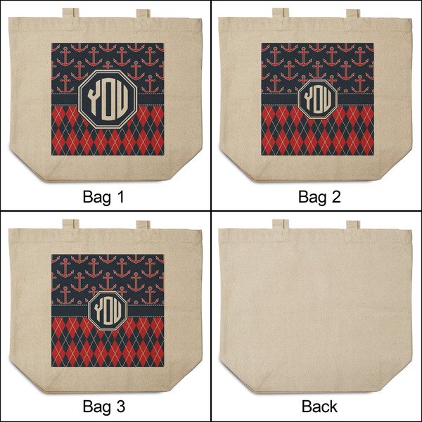 Anchors & Argyle 3 Reusable Cotton Grocery Bags - Front & Back View