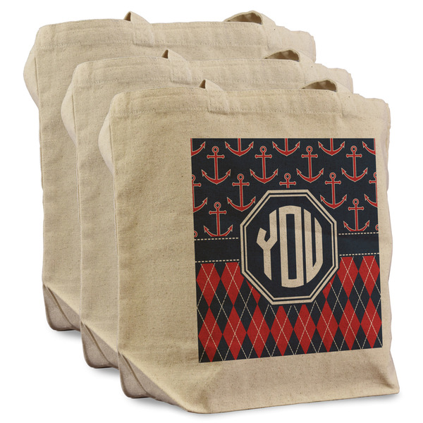 Custom Anchors & Argyle Reusable Cotton Grocery Bags - Set of 3 (Personalized)