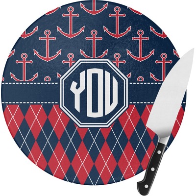 Anchors & Argyle Round Glass Cutting Board - Small (Personalized)