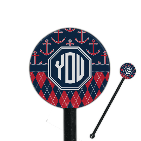 Custom Anchors & Argyle 5.5" Round Plastic Stir Sticks - Black - Single Sided (Personalized)