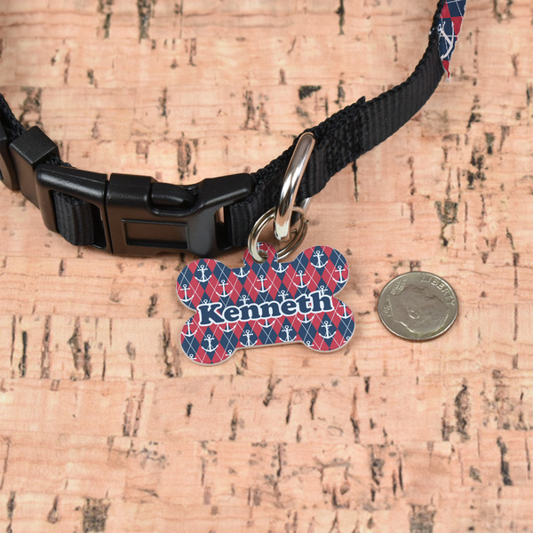 Anchors & Argyle Bone Shaped Dog ID Tag - Small - In Context