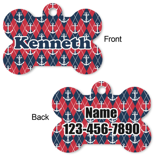 Anchors & Argyle Bone Shaped Dog Tag - Front & Back