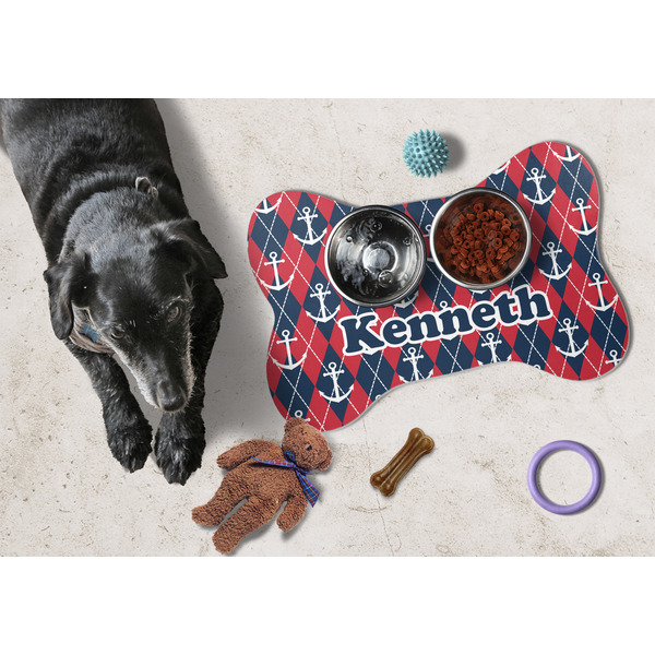 Anchors & Argyle Bone Shaped Mat w/ Food & Water