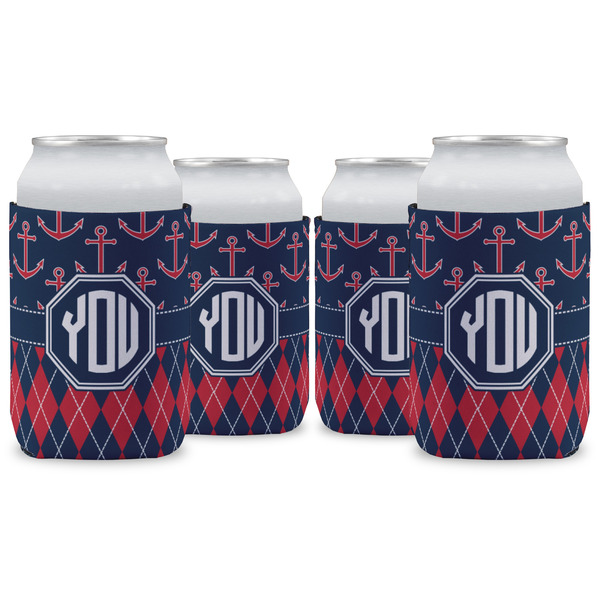 Custom Anchors & Argyle Can Cooler (12 oz) - Set of 4 w/ Monogram