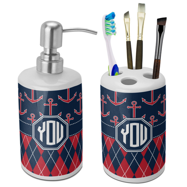 Custom Anchors & Argyle Ceramic Bathroom Accessories Set (Personalized)