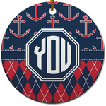 Anchors & Argyle Round Ceramic Ornament w/ Monogram