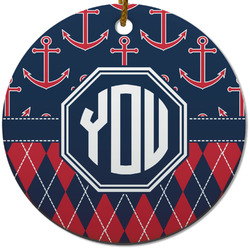 Anchors & Argyle Round Ceramic Ornament w/ Monogram