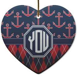 Anchors & Argyle Heart Ceramic Ornament w/ Monogram