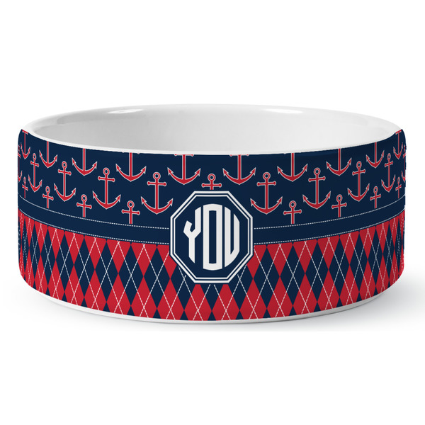 Custom Anchors & Argyle Ceramic Dog Bowl - Medium (Personalized)