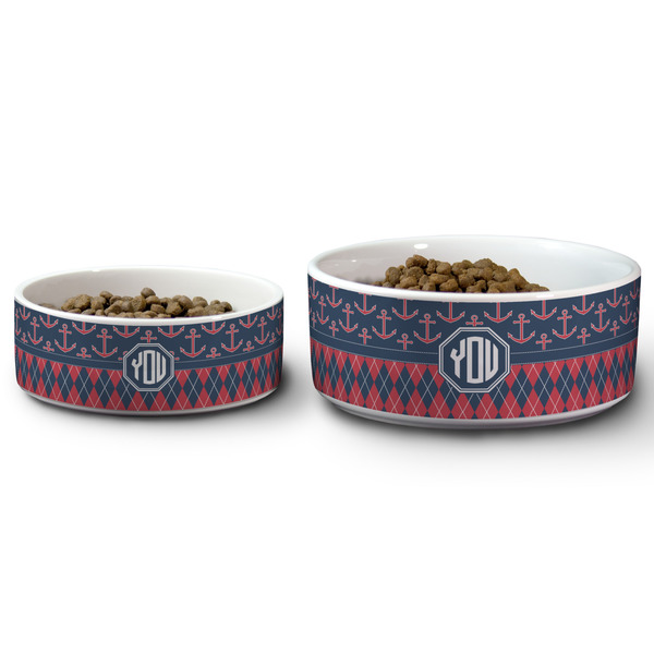 Anchors & Argyle Ceramic Dog Bowls - Size Comparison