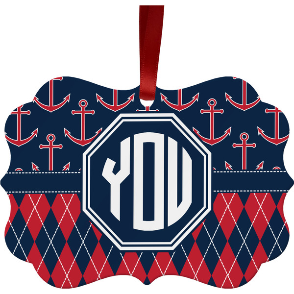 Custom Anchors & Argyle Metal Frame Ornament - Double Sided w/ Monogram
