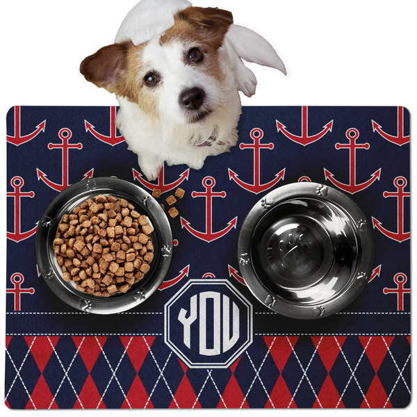 Custom Anchors & Argyle Dog Food Mat - Medium w/ Monogram