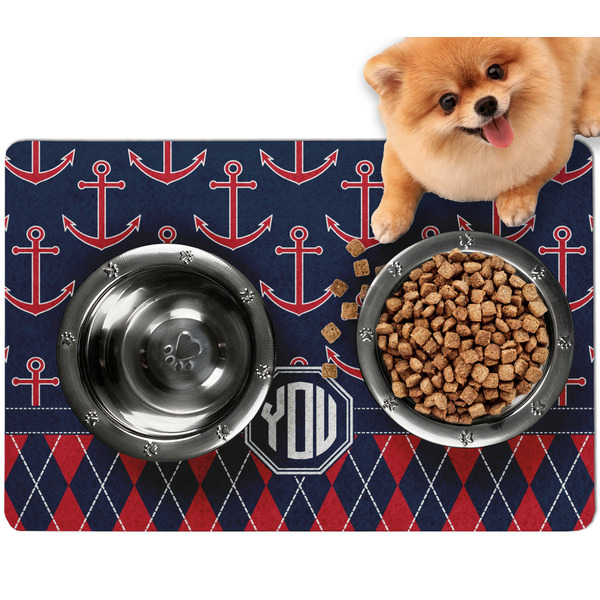 Custom Anchors & Argyle Dog Food Mat - Small w/ Monogram