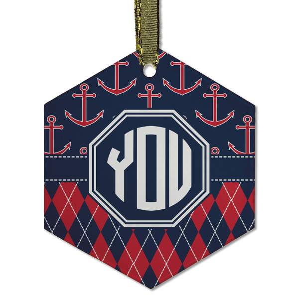 Custom Anchors & Argyle Flat Glass Ornament - Hexagon w/ Monogram