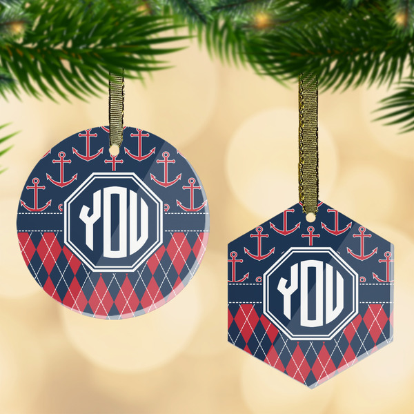 Custom Anchors & Argyle Flat Glass Ornament w/ Monogram