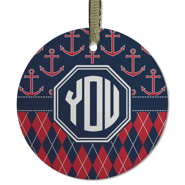 Custom Anchors & Argyle Flat Glass Ornament - Round w/ Monogram