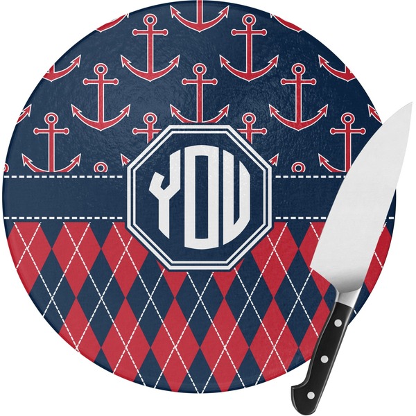 Custom Anchors & Argyle Round Glass Cutting Board - Medium (Personalized)