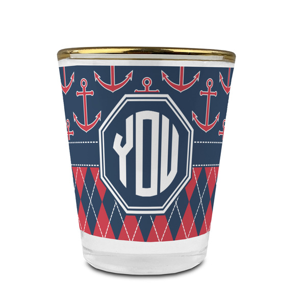 Custom Anchors & Argyle Glass Shot Glass - 1.5 oz - with Gold Rim - Single (Personalized)