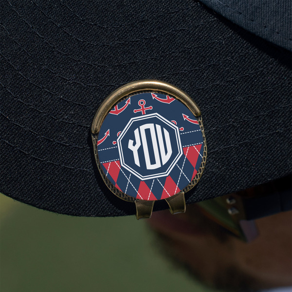Anchors & Argyle Golf Ball Marker Hat Clip - Gold - On Hat