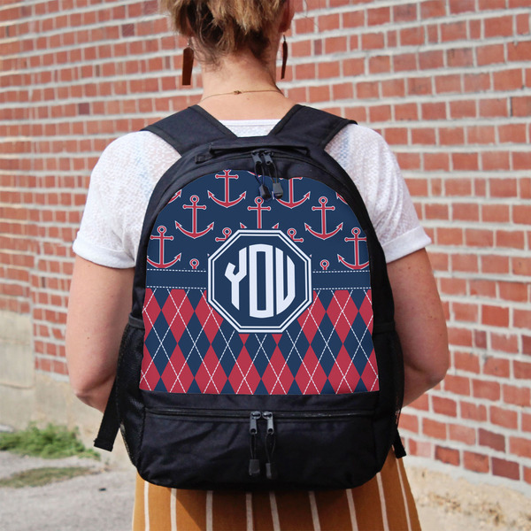 Anchors & Argyle Large Backpack - Black - On Back