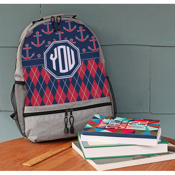 Anchors & Argyle Large Backpack - Gray - On Desk
