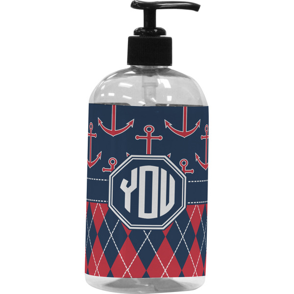 Custom Anchors & Argyle Plastic Soap / Lotion Dispenser (16 oz - Large - Black) (Personalized)