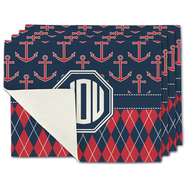 Custom Anchors & Argyle Single-Sided Linen Placemat - Set of 4 w/ Monogram