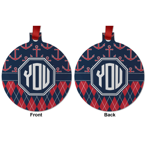 Anchors & Argyle Metal Ball Ornament - Front and Back