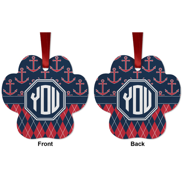 Anchors & Argyle Metal Paw Ornament - Front and Back