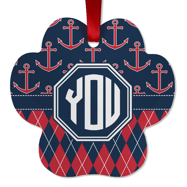Anchors & Argyle Metal Paw Ornament - Front