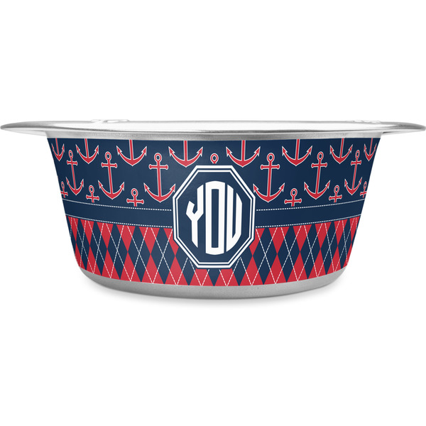 Custom Anchors & Argyle Stainless Steel Dog Bowl - Large (Personalized)