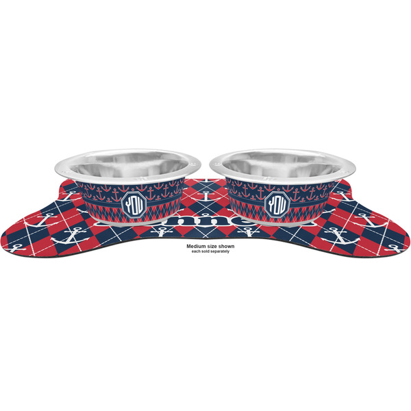 Anchors & Argyle Metal Pet Bowls - On Dog Bone Shaped Mat