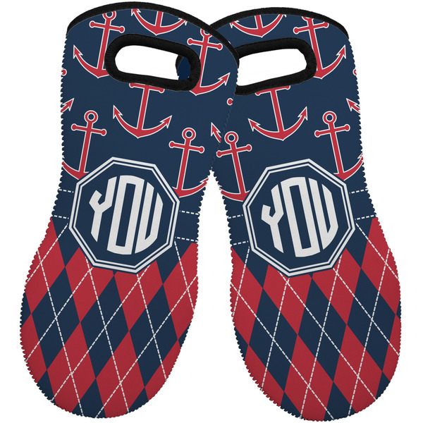 Custom Anchors & Argyle Neoprene Oven Mitts - Set of 2 w/ Monogram