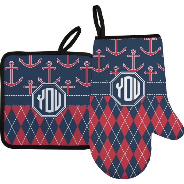 Custom Anchors & Argyle Oven Mitt & Pot Holder Set w/ Monogram