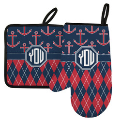 Anchors & Argyle Left Oven Mitt & Pot Holder Set w/ Monogram