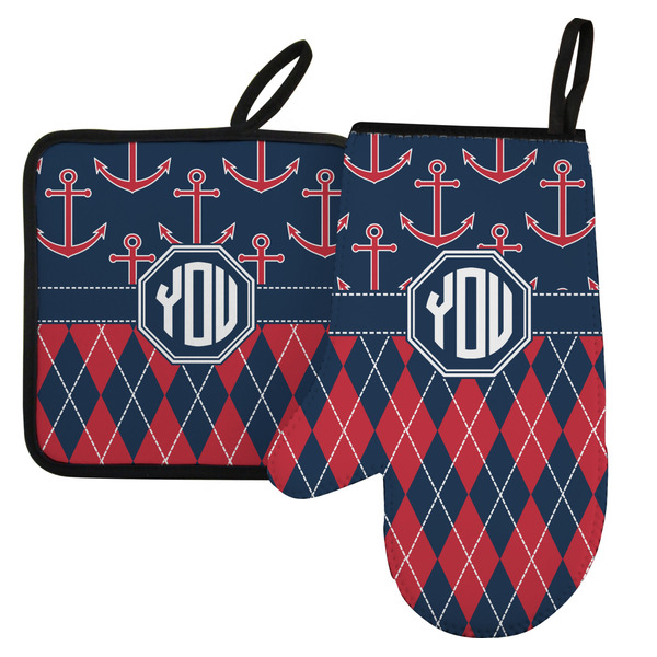 Custom Anchors & Argyle Left Oven Mitt & Pot Holder Set w/ Monogram