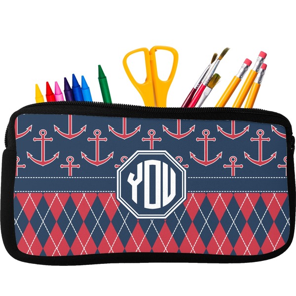 Custom Anchors & Argyle Neoprene Pencil Case - Small w/ Monogram