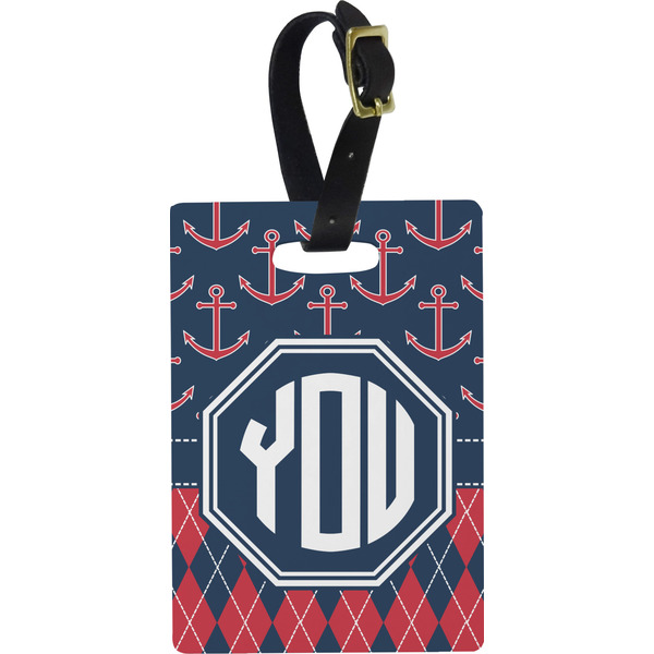 Custom Anchors & Argyle Plastic Luggage Tag - Rectangular w/ Monogram