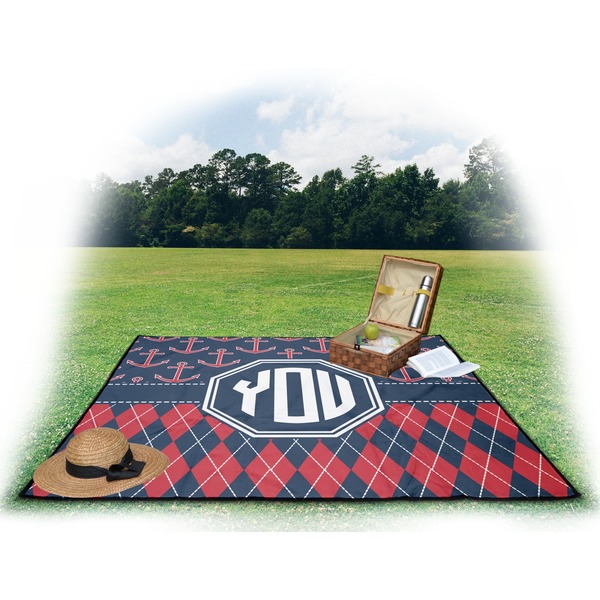 Anchors & Argyle Picnic Blanket - with Basket Hat and Book - in Use