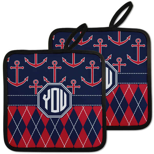 Custom Anchors & Argyle Pot Holders - Set of 2 w/ Monogram