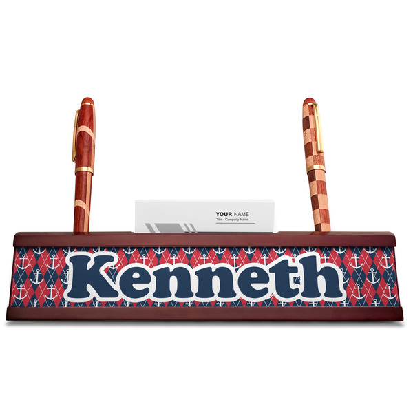Anchors & Argyle Red Mahogany Nameplates with Business Card Holder - Straight