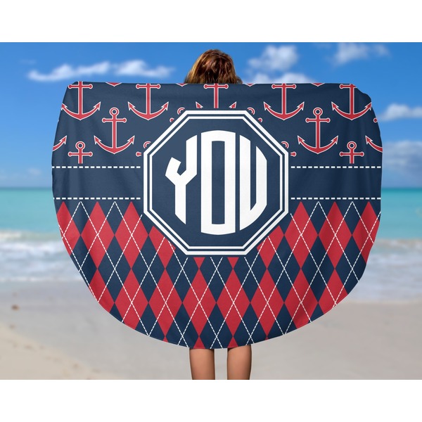 Anchors & Argyle Round Beach Towel - In Use