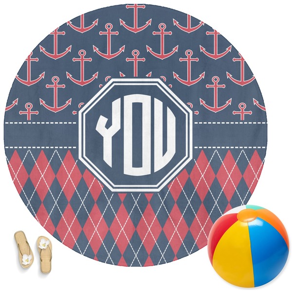 Custom Anchors & Argyle Round Beach Towel (Personalized)
