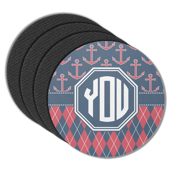 Custom Anchors & Argyle Round Rubber Backed Coasters - Set of 4 (Personalized)