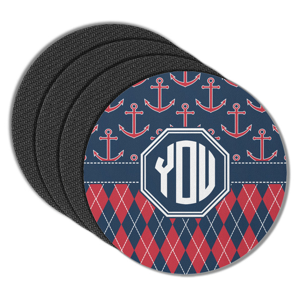 Custom Anchors & Argyle Round Rubber Backed Coasters - Set of 4 (Personalized)