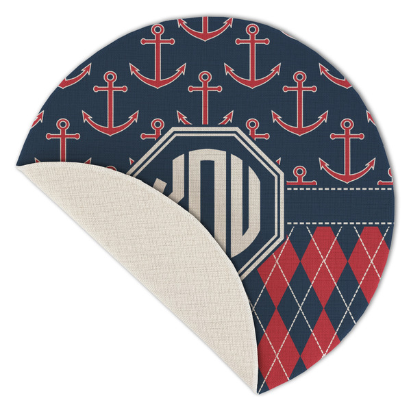 Anchors & Argyle Round Linen Placemats - Front (folded corner single sided)
