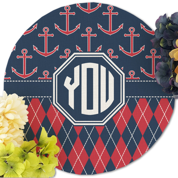 Anchors & Argyle Round Linen Placemats - Front (w flowers)