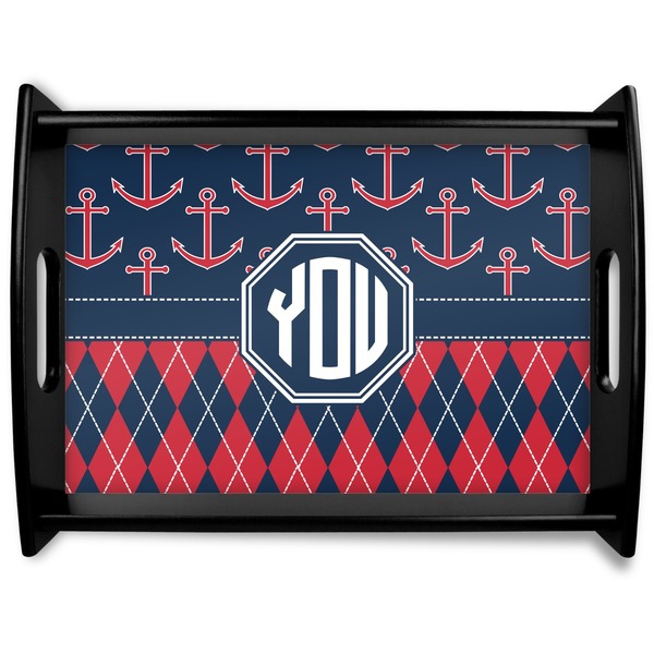 Custom Anchors & Argyle Black Wooden Tray - Large (Personalized)