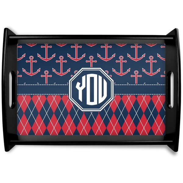 Custom Anchors & Argyle Black Wooden Tray - Small (Personalized)