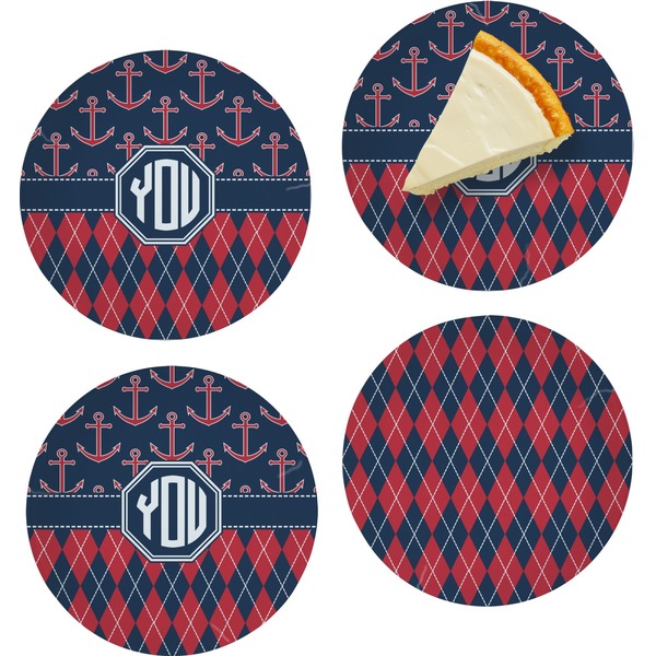 Custom Anchors & Argyle Set of 4 Glass Appetizer / Dessert Plate 8" (Personalized)